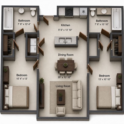 Floor plan for 2 beds, 2 baths, 1015 sqft
